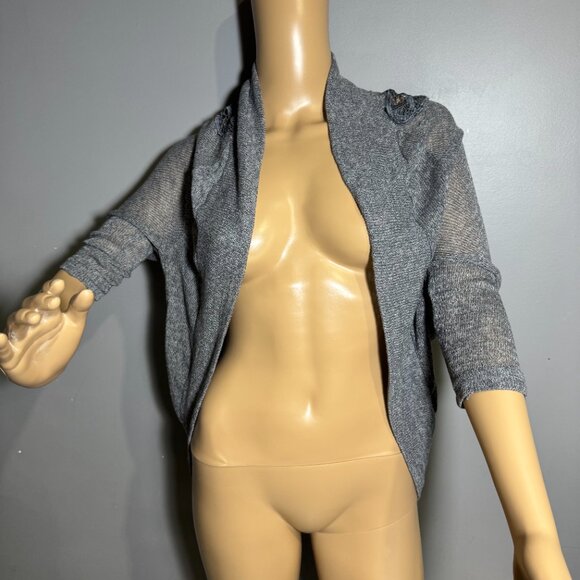 Gray Open-Front Cardigan with Crochet Lace Back – Boho Chic Layering Piece - Picture 3 of 4